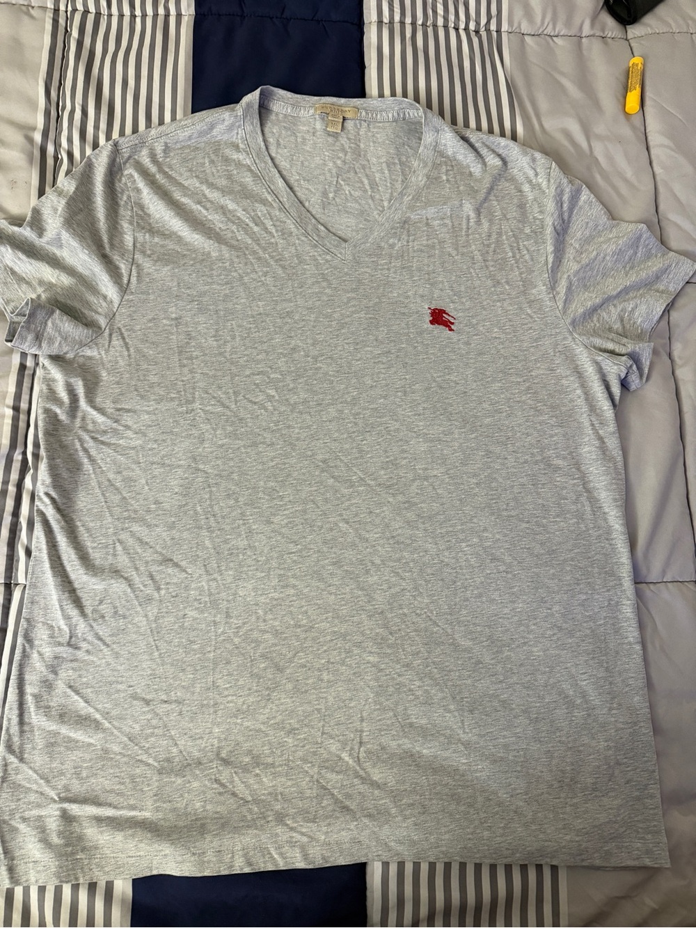 Burberry Light Gray V-Neck Tee with Red Logo